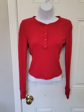 Victoria's Secret PINK Red Cropped Waffle Knit Long Sleeve Henley Lounge Top XS